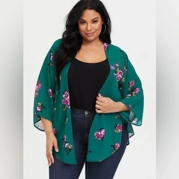 Torrid | Spring Sprung Stripe Green Floral Chiffon Kimono Size M (00) Medium - Picture 1 of 5